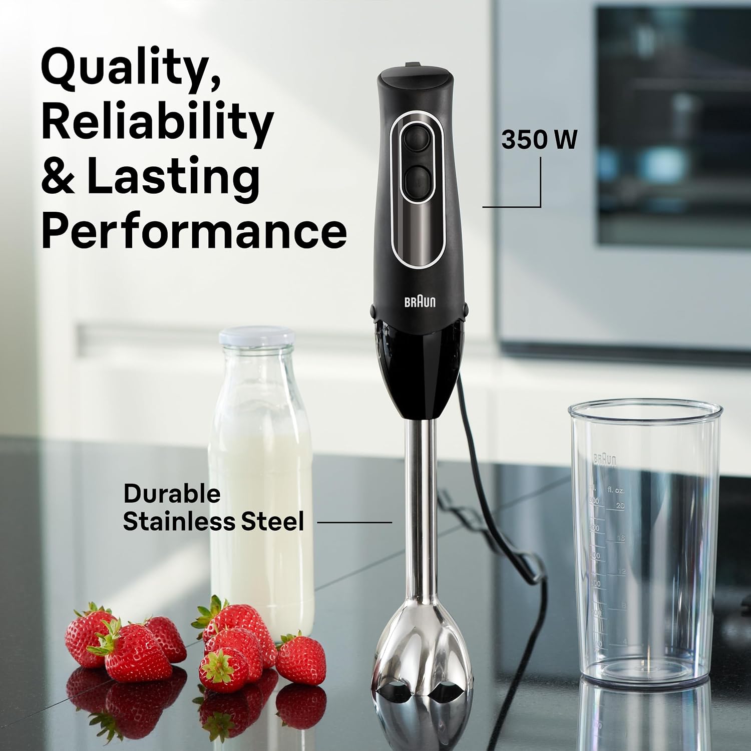 Braun Multiquick 5 Immersion Hand Blender With Dual Speed + Turbo And Patented Technology, 350W - Includes Beaker And Whisk, Black, Mq505