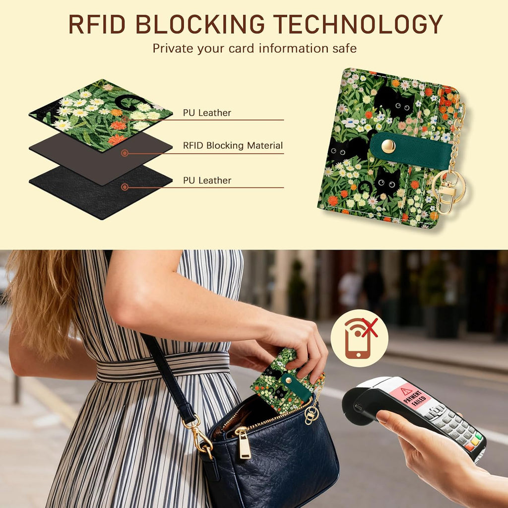 Jogjam Black Cat Floral Rfid Women Wallet, Small Slim Thin Credit Card Wallet, Pu Leather Bifold Cash Zipper Coin Pocket Id Window For Female Ladies Teen Girls Girly