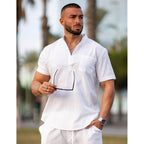 Coofandy Men'S Cotton Linen Henley Shirt Short Sleeve Hippie Casual Beach T-Shirts With Pocket