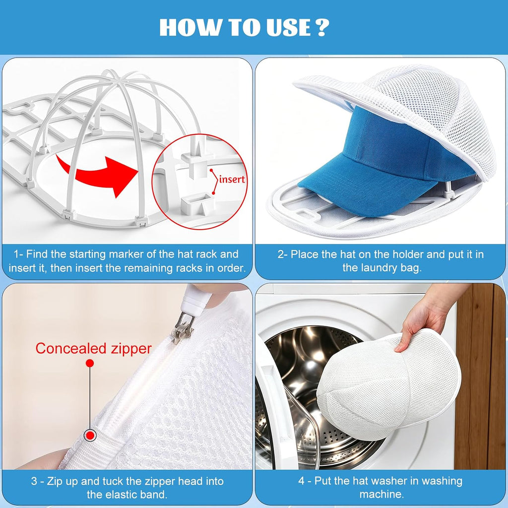 Eiito Hat Washer Cage Hats Cleaner, 4Pcs (2 Cages + 2 Bags) Hat Washer For Baseball Caps For Washing Machine Or Dishwasher, Ball Cap Washers Frame For Flat & Curved Hats, White