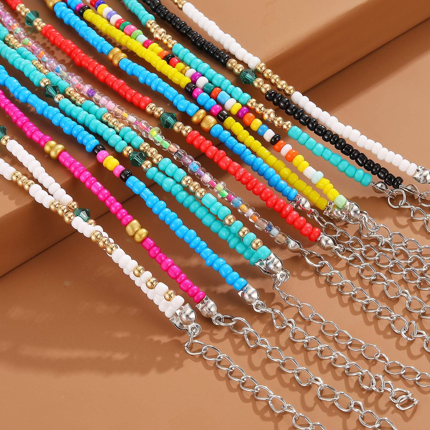 XIJIN 8Pcs Handmade Beaded Anklets for Women Boho Colorful Beads Ankle Bracelets Adjustable Foot Anklet Set