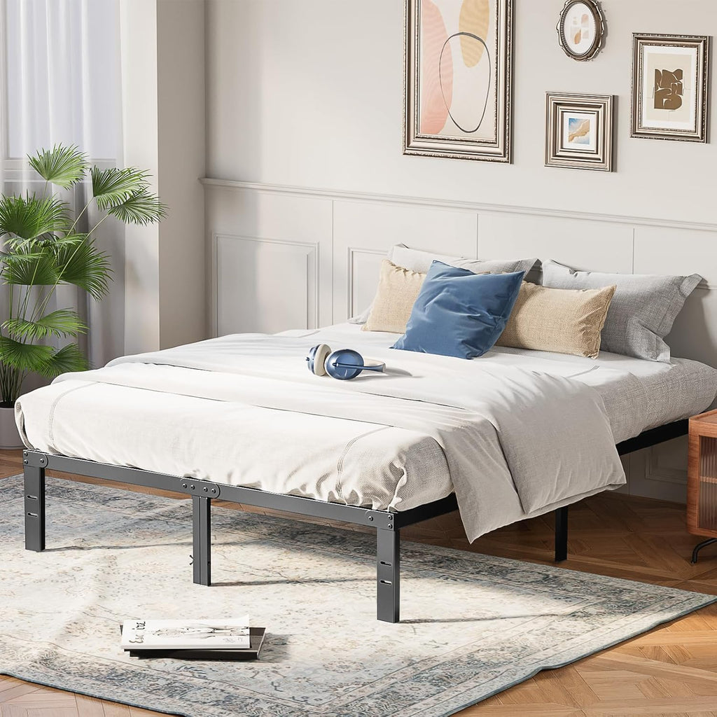 OLIXIS Metal Queen Bed Frame - 14in High with Storage Space, No Box Spring Needed with Sturdy Steel Slat Support, 2200LBS Heavy Duty for Easy Assembly, Black for Bedroom