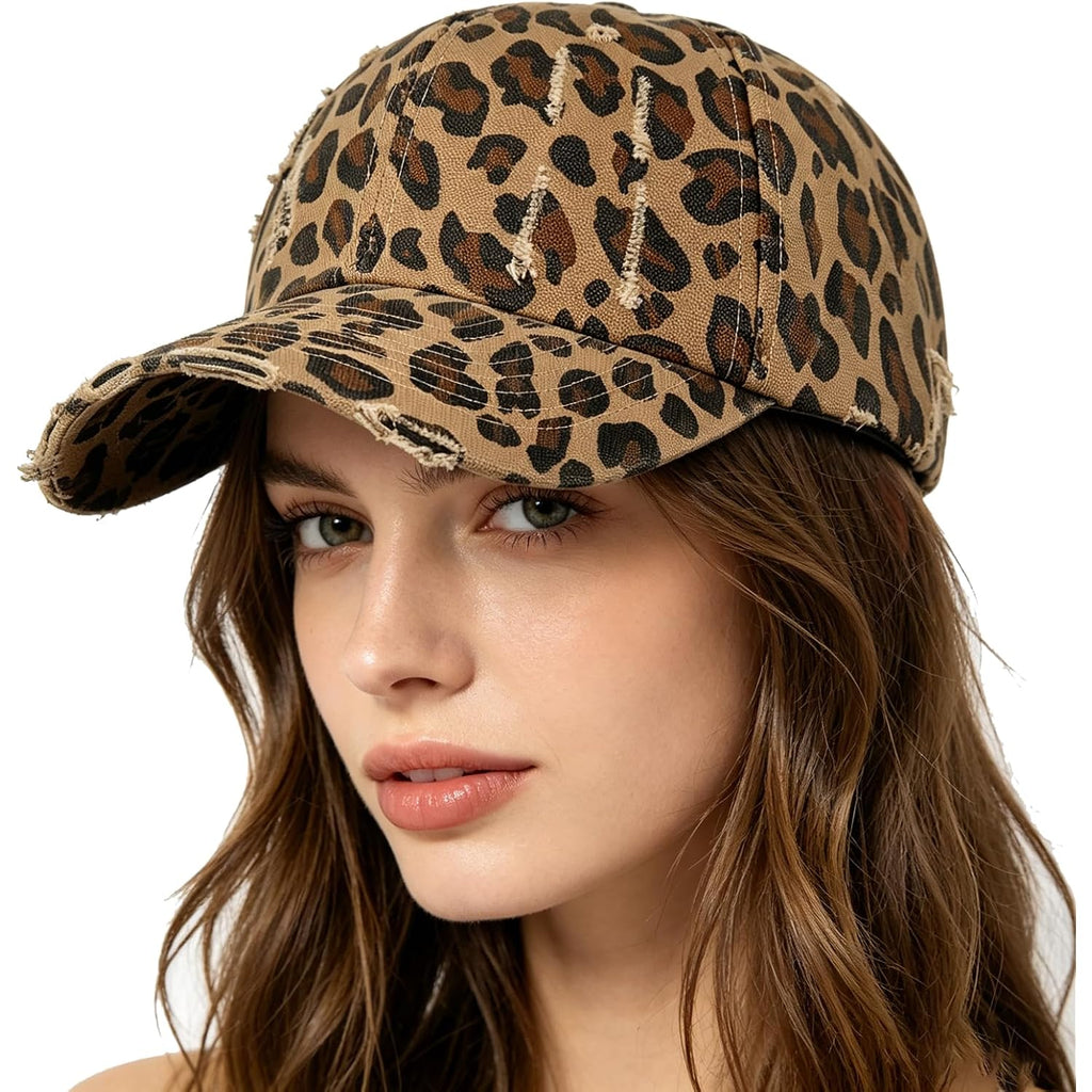 Womens Leopard-Baseball-Hat - Adjustable Sun Protection Sports Caps Leopard Print Dad Trucker Hat Leopard