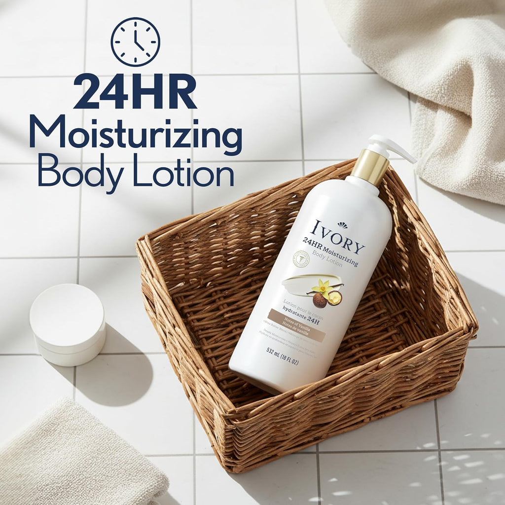 Ivory Hand & Body Lotion, 24Hr Moisturizing, Repairs Extra Dry Skin, All Day Hydration, Lightweight Formula, Absorbs Instantly, Perfect For Daily Use, Shea Butter Blend, Vanilla Scent, 18 Fl Oz