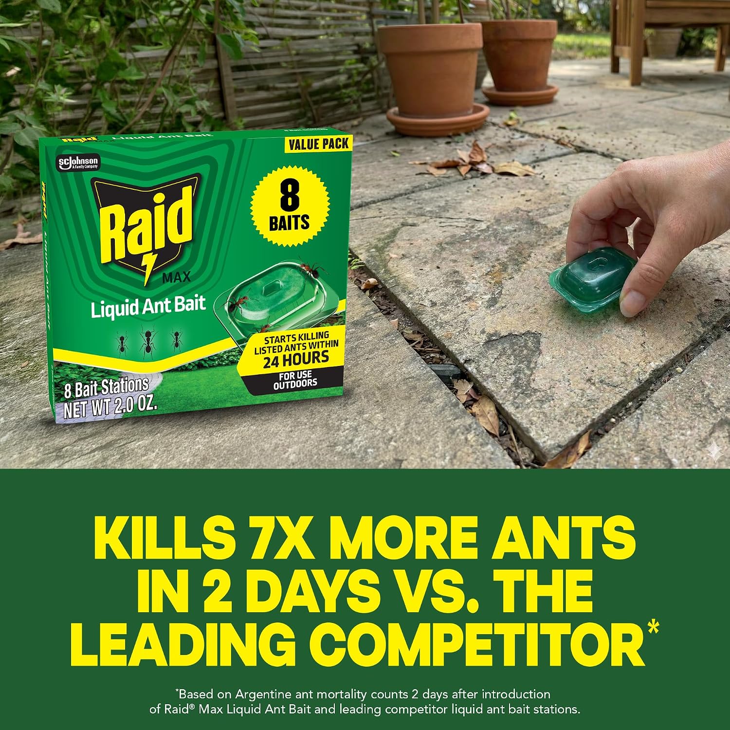 Raid Outdoor Liquid Ant Bait, Starts Killing Listed Ants Within 24 Hours, Effective Outdoors, Pre-Filled And Ready-To-Use, 8 Bait Stations Per Pack, 2 Fl Oz