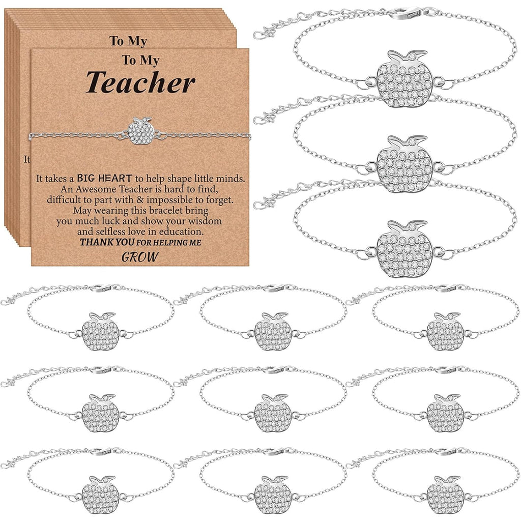 Tondiamo 12 Sets Teachers Appreciation Week Gifts Bulk Apple Bracelet for Teacher with Inspirational Cards Graduation Thank You Gifts End of The Year Party Favors