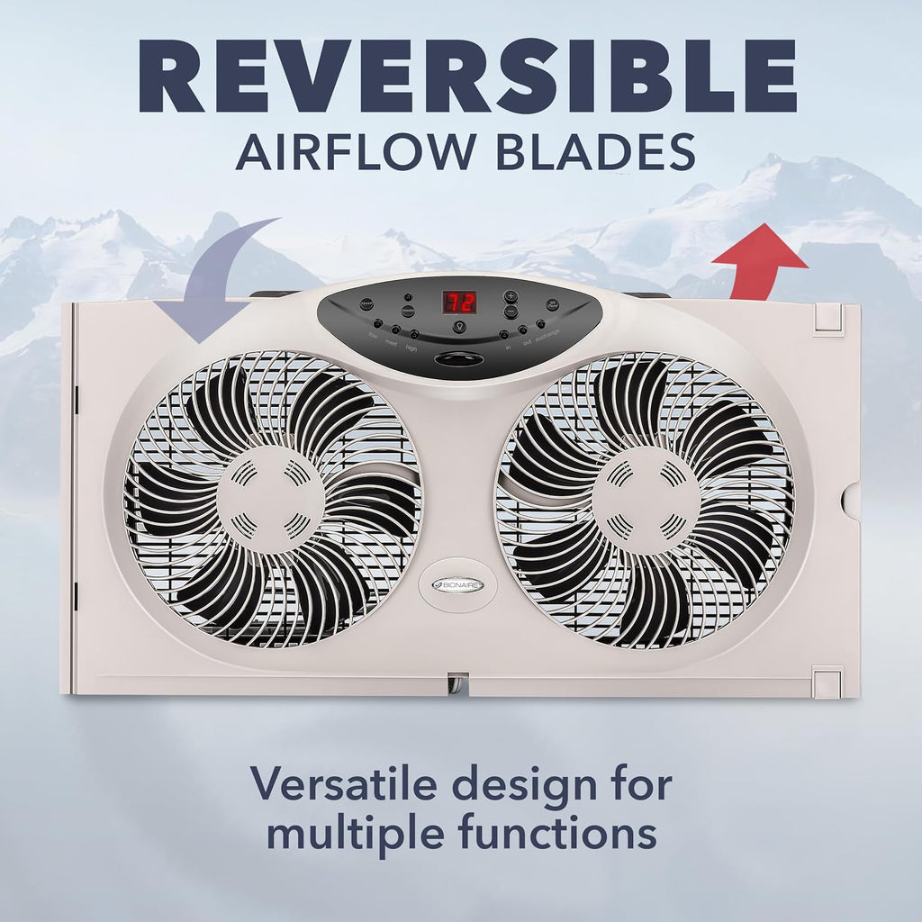 Bionaire Window Fan With Reversible Airflow Blades – 3-Speed Settings, Programmable Thermostat, Led Display, Remote Control, Fits 24–36" Windows, No Assembly Required