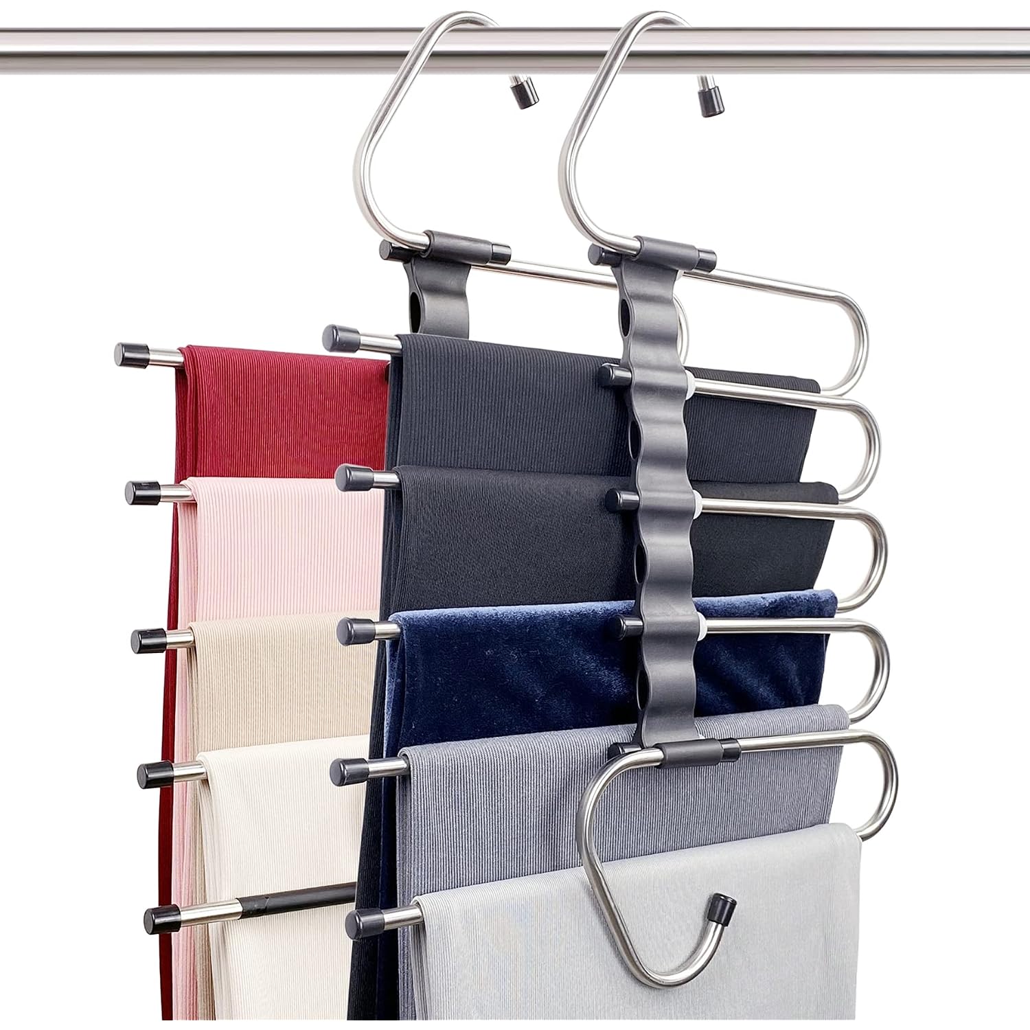 Magic Pants Hangers Space Saving - 2 Pack For Closet Multiple Layers Multifunctional Uses Rack Organizer For Trousers Scarves Slack (2 Pack With 10 Metal Clips)