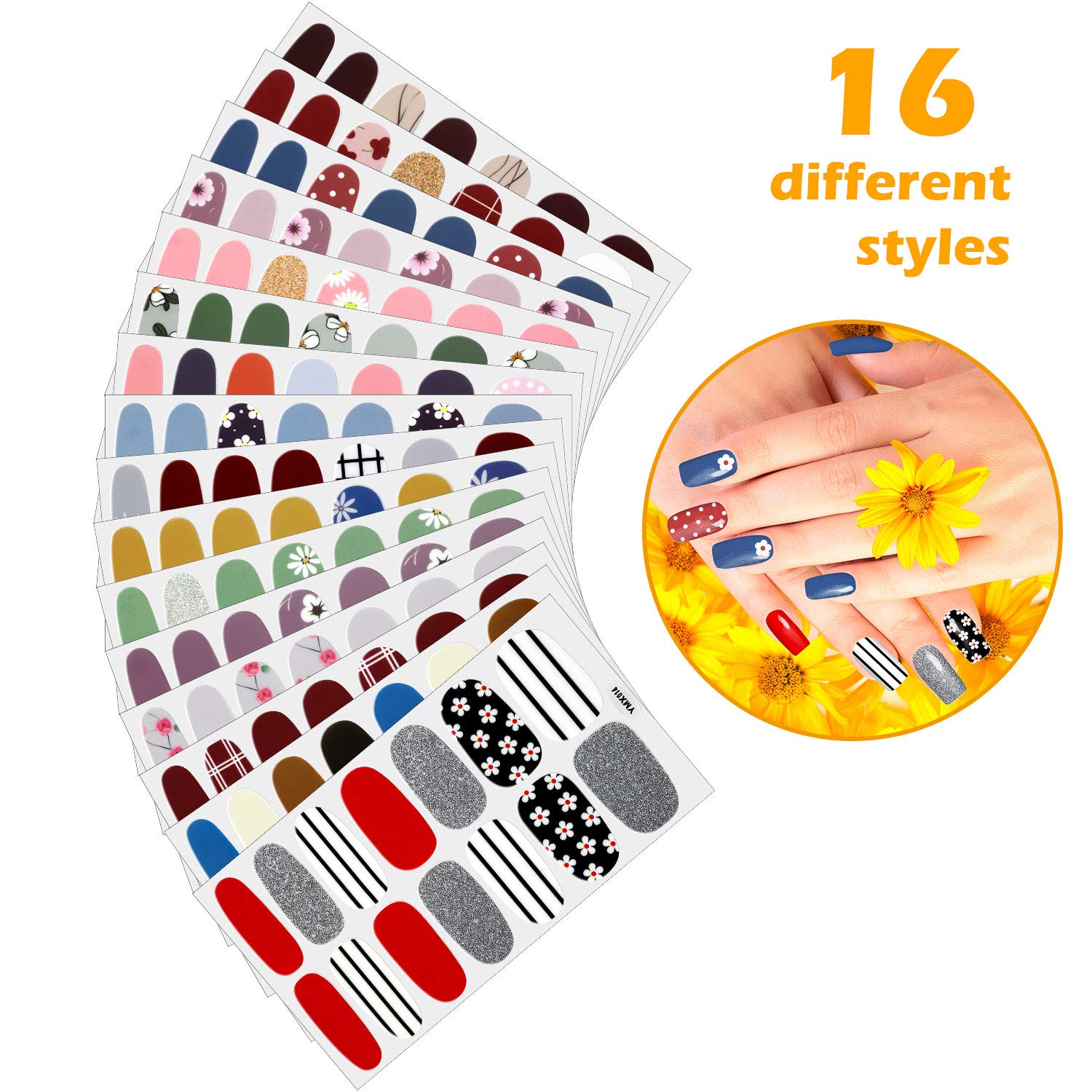 Maitys 224 Pieces 16 Sheets Full Wrap Nail Stickers Polish Stripes Self Adhesive Art Decals with File with File Manicure Kit for Women DIY Holiday(Fresh Floral Series)
