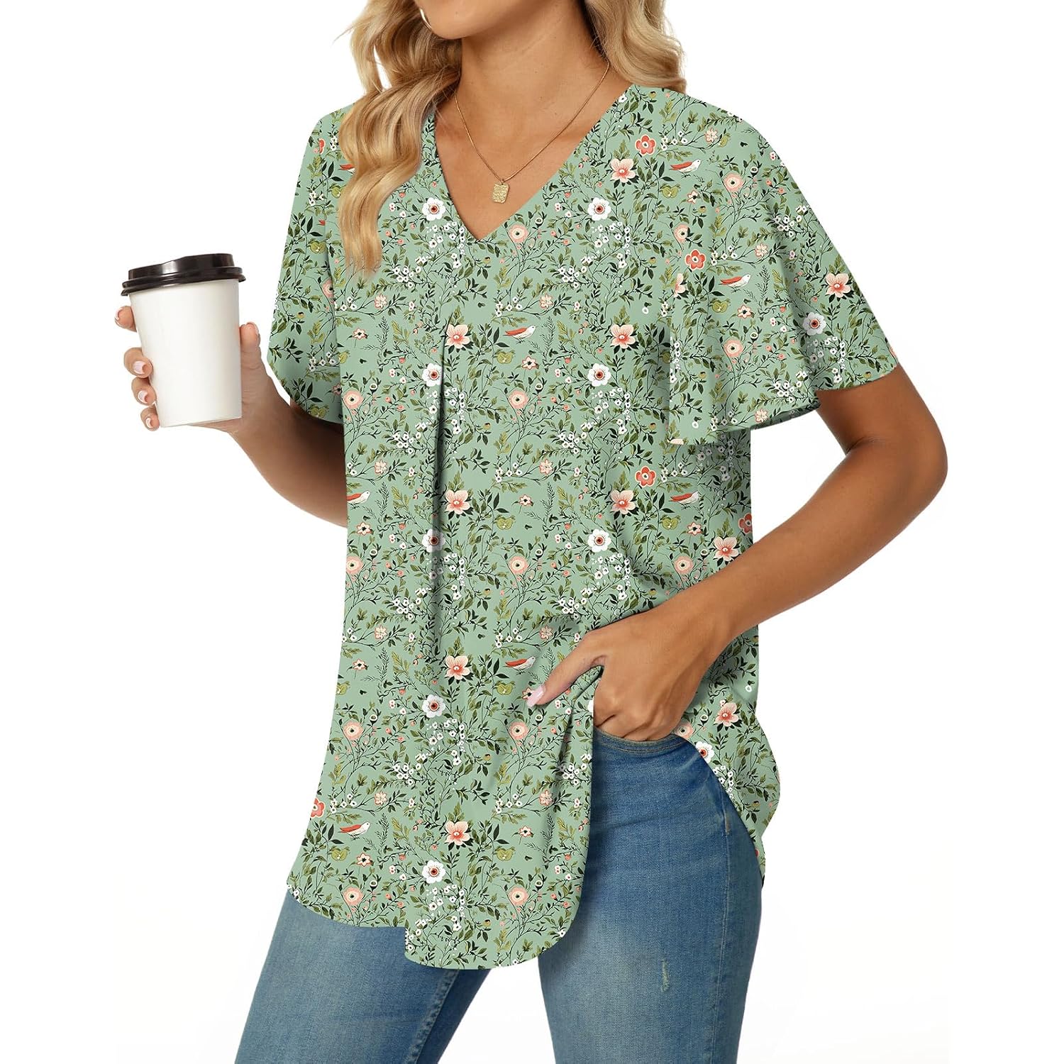 Anyally Women's Summer Dressy Chiffon Blouses V Neck Ruffle Short Sleeve Tunic Tops for Leggings Casual T-Shirts