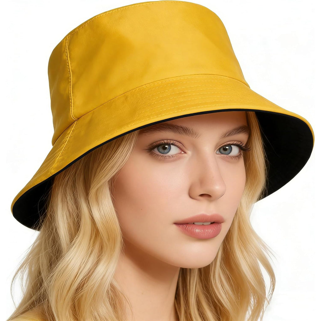 Bucket Hat for Men and Women 2-in-1 Reversible Sun Protection Fashion Flat Top Cap for Fishing Travel Beach Sports Yellow-black