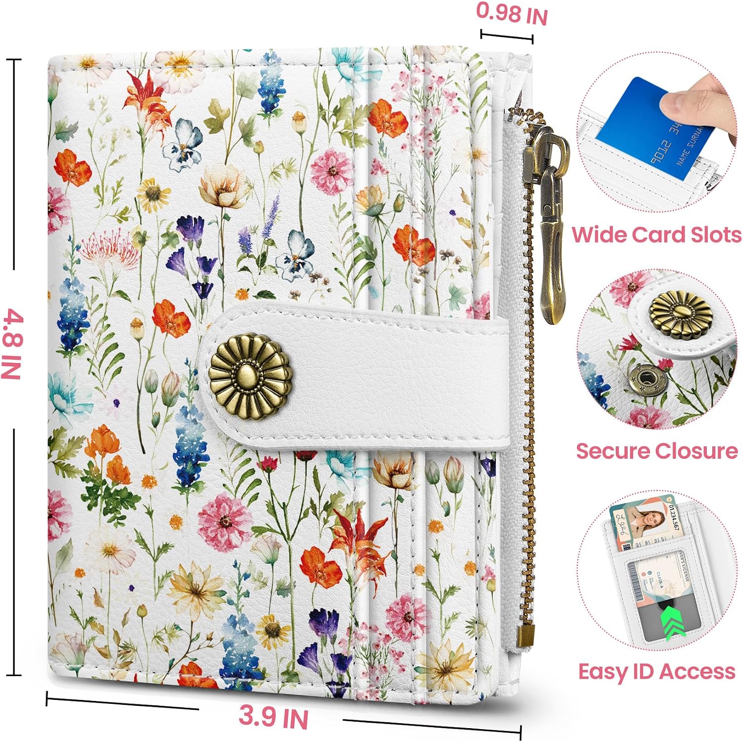 Small Wallet For Women, Rfid Blocking Bifold Card Holder Wallet With 10 Card Slots, Cash Compartment, Zipper Coin Pocket & Id Window, Cute Soft Vegan Leather Compact Wallet, Wildflower