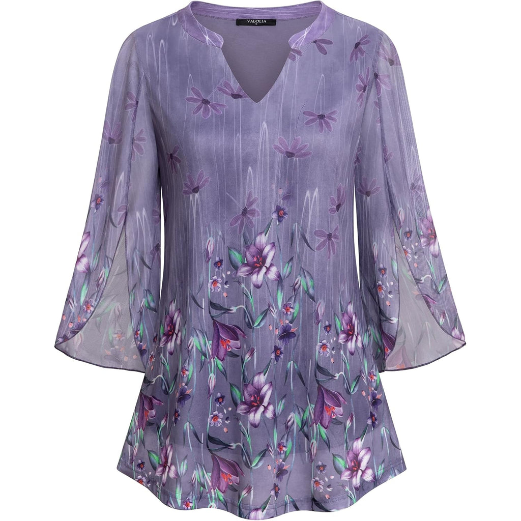 Women's 3/4 Sleeve Floral Tunic Tops V Neck Double Layers Loose Fit Mesh Blouses Shirt