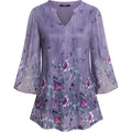 Women's 3/4 Sleeve Floral Tunic Tops V Neck Double Layers Loose Fit Mesh Blouses Shirt