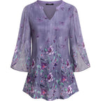 Women's 3/4 Sleeve Floral Tunic Tops V Neck Double Layers Loose Fit Mesh Blouses Shirt