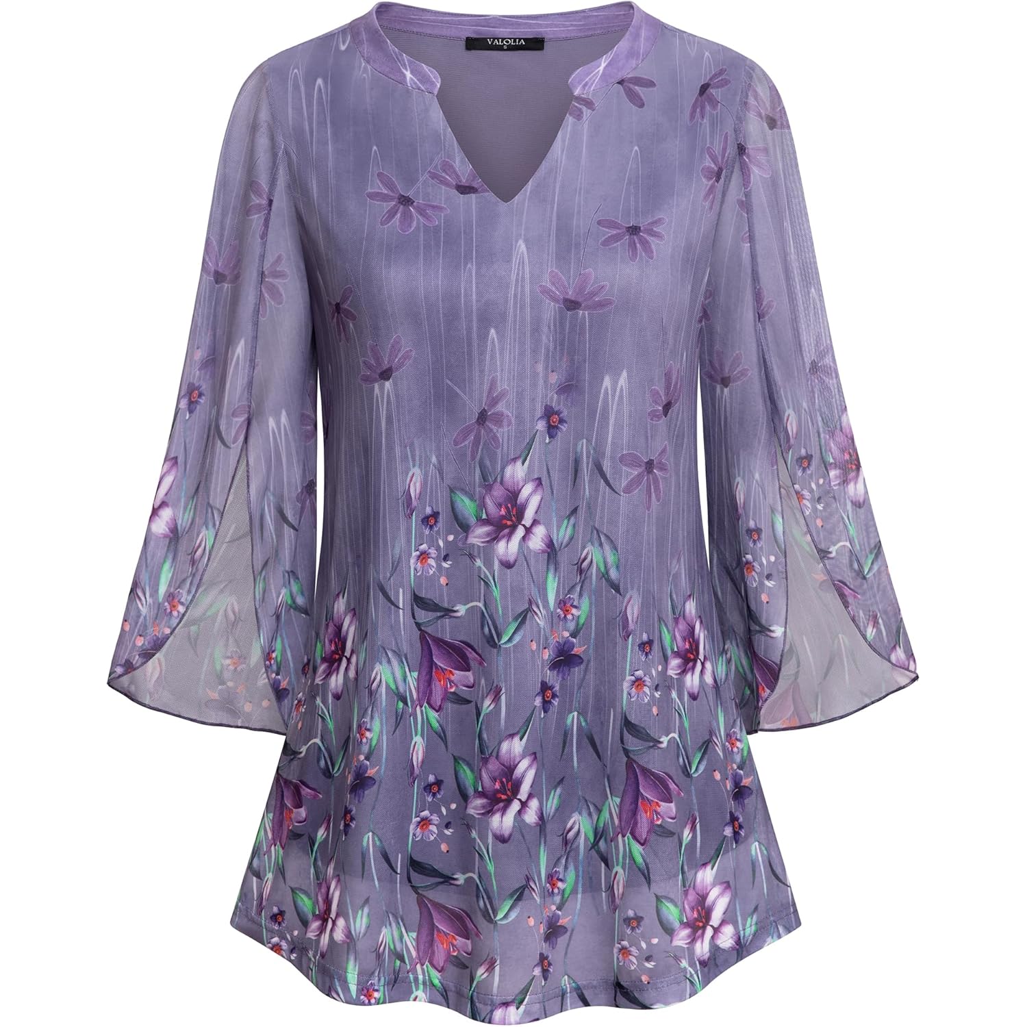 Women's 3/4 Sleeve Floral Tunic Tops V Neck Double Layers Loose Fit Mesh Blouses Shirt