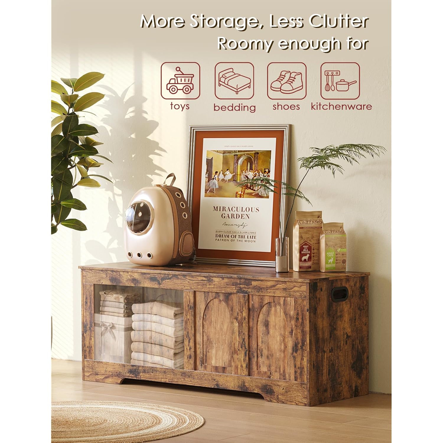 DINZI LVJ Storage Chest, 47.2”Wooden Storage Box with 2 Safety Hinges, Entryway Shoe Bench with Flip-Top, Large Trunk for Living Room, Bedroom, Easy Assembly, Rustic Brown
