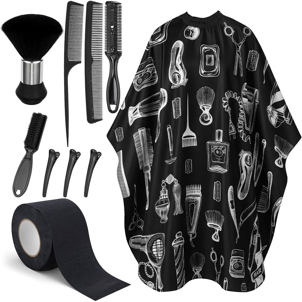 10 In 1 Barber Cape Kit, Hair Cutting Cape Neck Duster Brush Combs, Clips & Cleaning Supplies For Salon Home Barber Gifts For Men