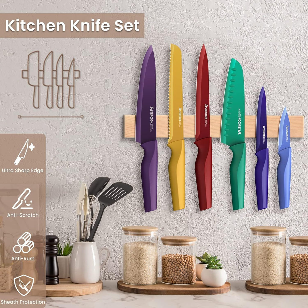 Astercook Knife Set, 12 Pcs Color-Coded Kitchen Knives Set, 6 Color Anti-Rust Coating Stainless Steel Chef Knife Sets with 6 Blade Guards Dishwasher Safe Perfect Holiday Gifts for Kitchen