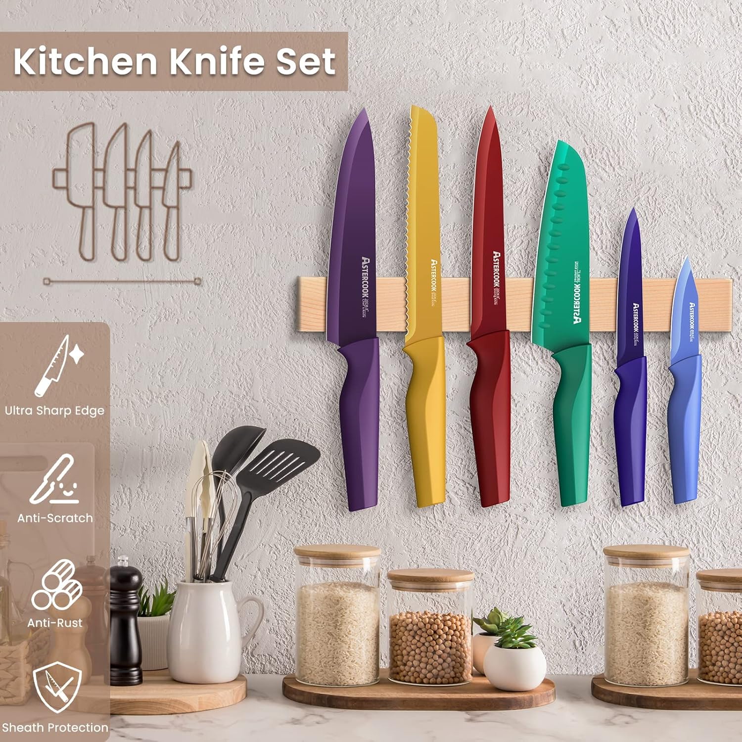 Astercook Knife Set, 12 Pcs Color-Coded Kitchen Knives Set, 6 Color Anti-Rust Coating Stainless Steel Chef Knife Sets with 6 Blade Guards Dishwasher Safe Perfect Holiday Gifts for Kitchen