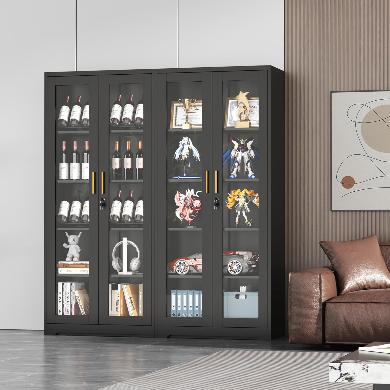 Lockable Display Cabinet With Glass Doors, Curio Cabinets With 4 Adjustable Shelves, Liquor Bookcase Bookshelf With Doors, Metal Storage Cabinet For Living Room Pantry, Black