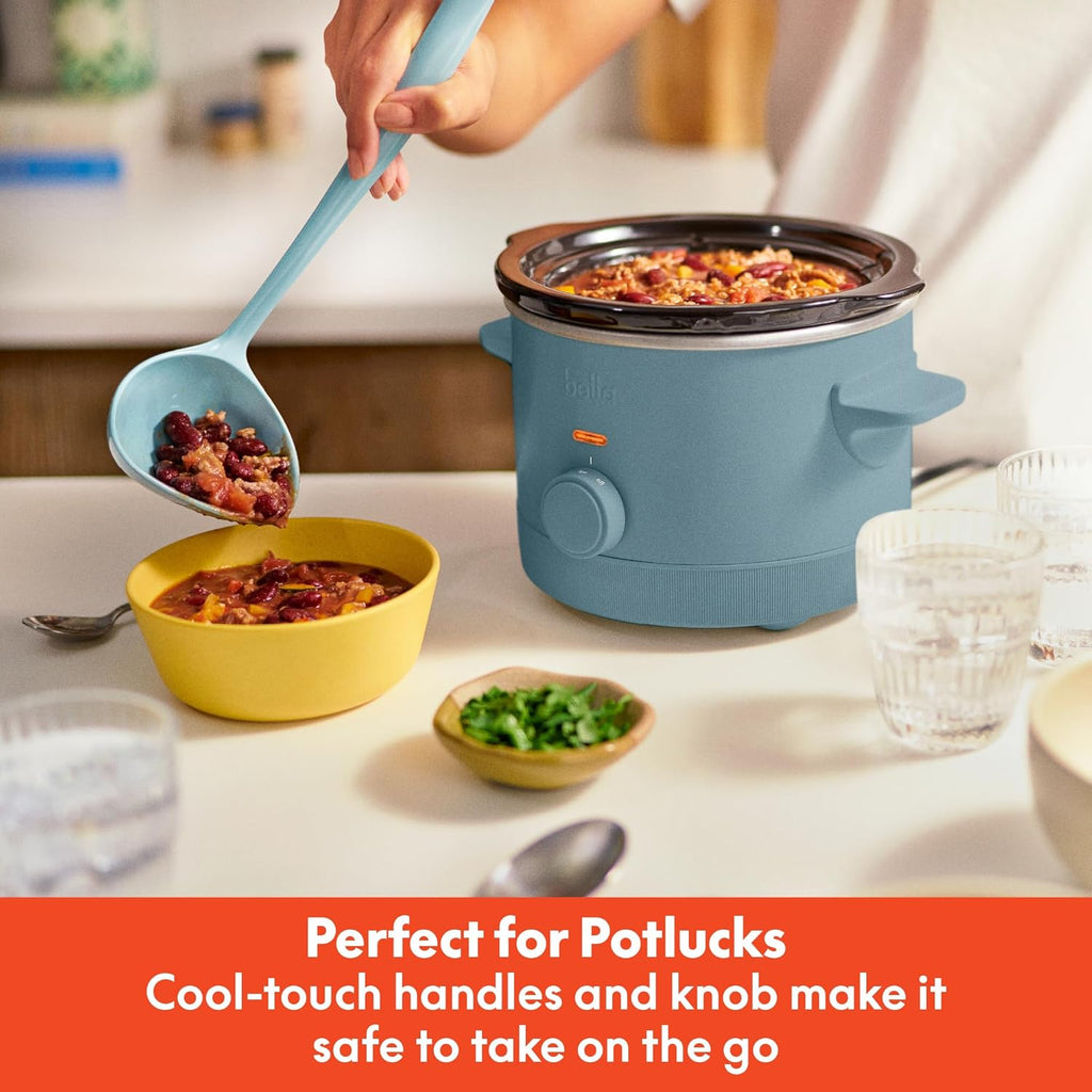 bella 1.5 Qt Slow Cooker with 3 Heat Manual Control, Ceramic Nonstick Coating, Dishwasher Safe Stoneware Pot and Tempered Glass Lid, Tangle Free Cord Wrap & Cool Touch Handles, Surf