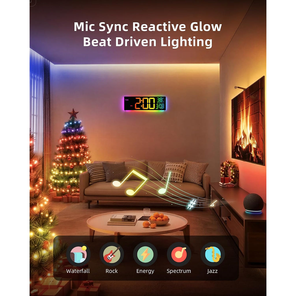 Easyera Smart Digital Wall Clock With App Control, 16.5” Large Rgbic Wall Clock With Multiple Diy Color And Music Sync, Led Display, Auto Dst, Plug-In Clocks For Classroom Home Gym Gaming