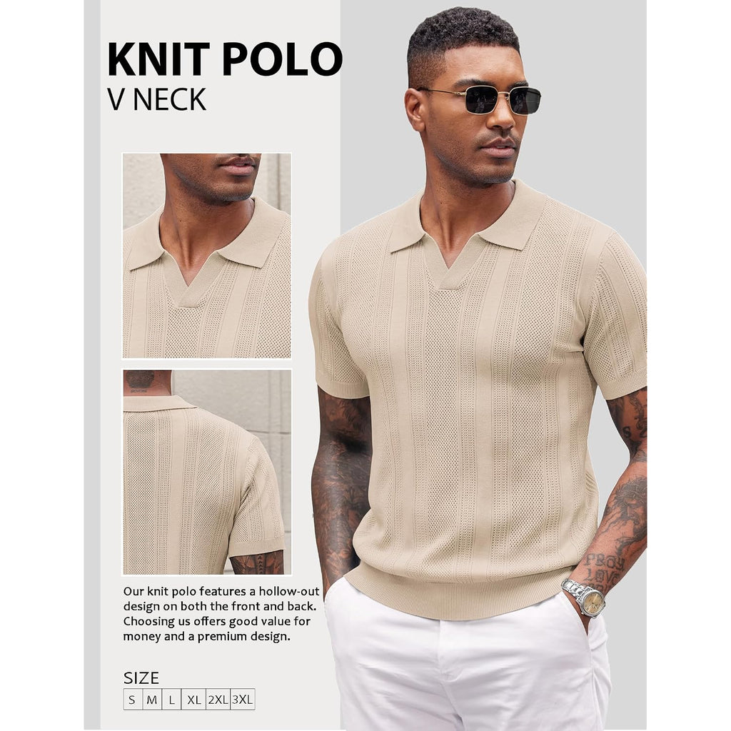 Coofandy Mens Knit Polo Shirts V Neck Textured Polo Shirts Short Sleeve Breathable Polo Casual Collared T Shirt Fashion Tops