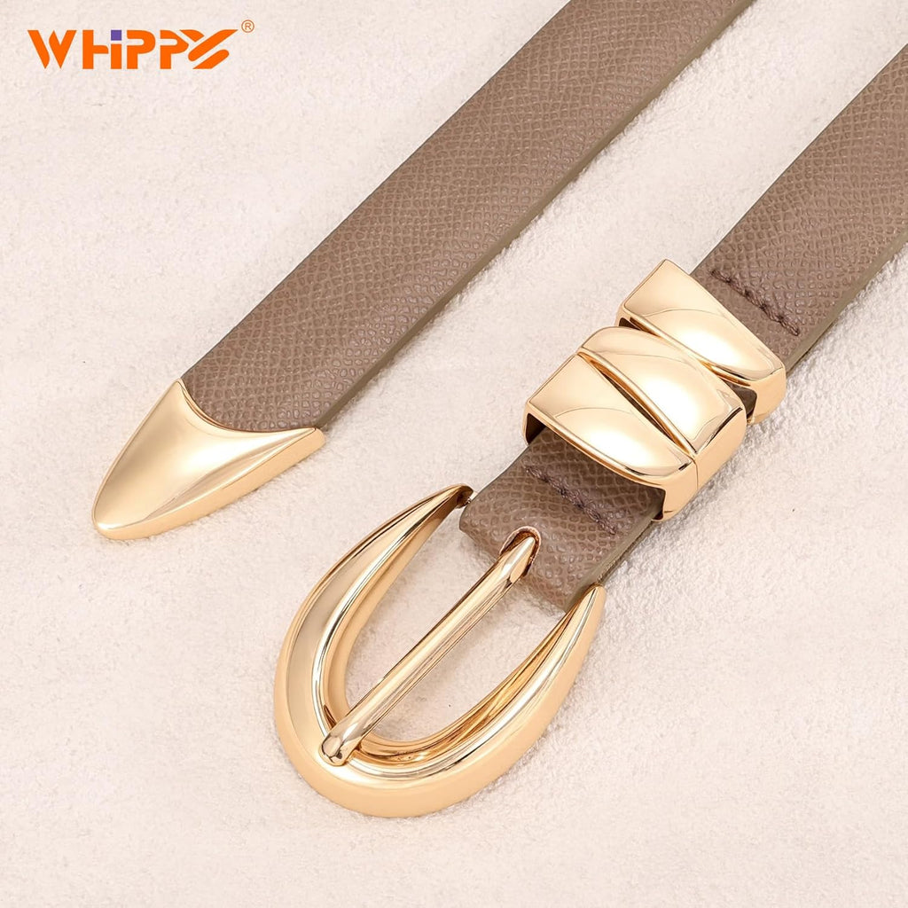 WHIPPY Women Skinny Leather Belt for Jeans Pants Dresses Ladies Fashion Waist Belt with Shiny Gold Buckle