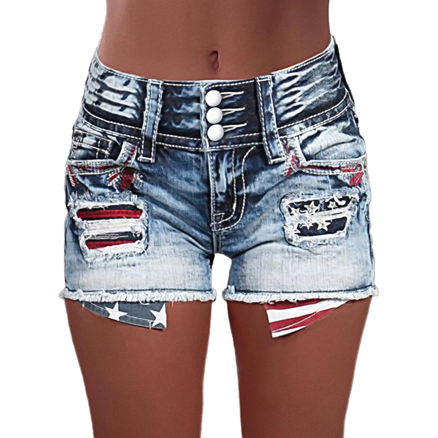 Distressed Jean Shorts for Women High Waist American Flag Button Fly Raw Hem Denim Shorts