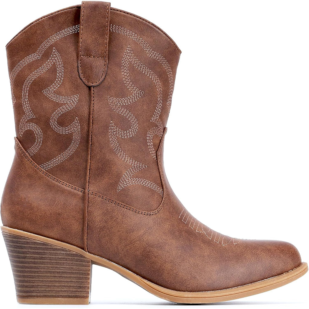 Cowboy Boots For Women Wide Suede Ankle Western Cowgirl Boots Mid Calf Pointed Toe Short Chunky Classic Booties