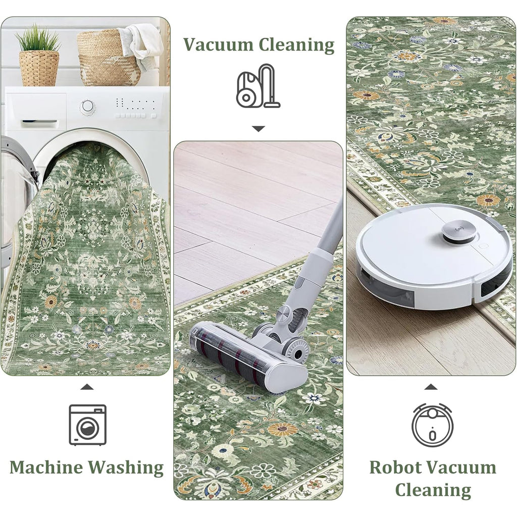 Yamaziot Washable Runner Rug 2x8 – Non Slip Boho Floral Hallway Runner Rug with Rubber Backing, Low Pile Wool Distressed Carpet for Kitchen, Laundry, Bedroom, Entrance, Mottled Green