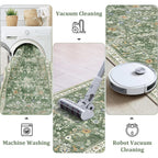 Yamaziot Washable Runner Rug 2x8 – Non Slip Boho Floral Hallway Runner Rug with Rubber Backing, Low Pile Wool Distressed Carpet for Kitchen, Laundry, Bedroom, Entrance, Mottled Green