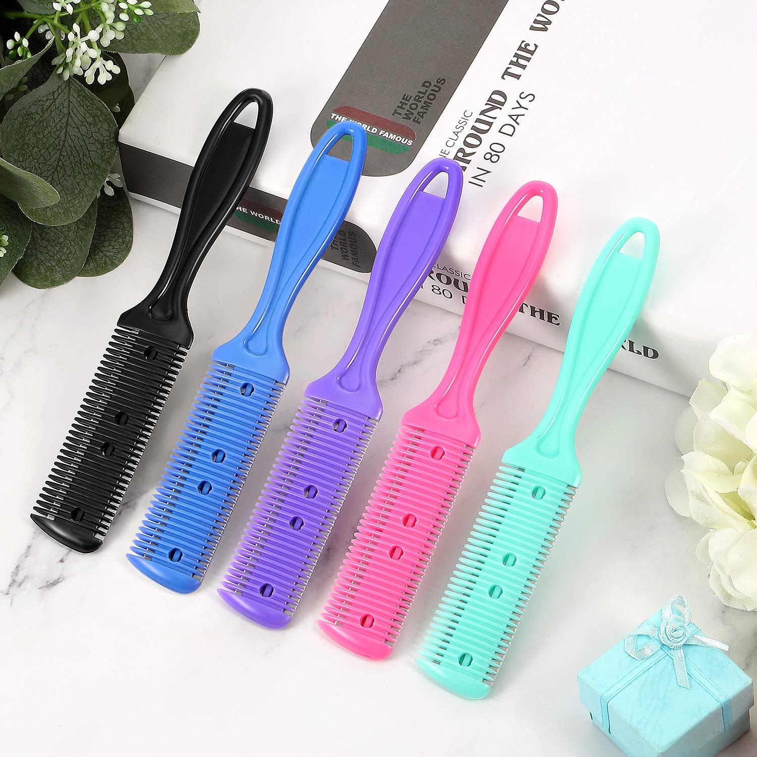 Boao 5 Pieces Dual-Sided Cutting Scissors, 20 Razors, And Thinning Comb With Double Edge For Precise Slim Haircuts (5 Colors)
