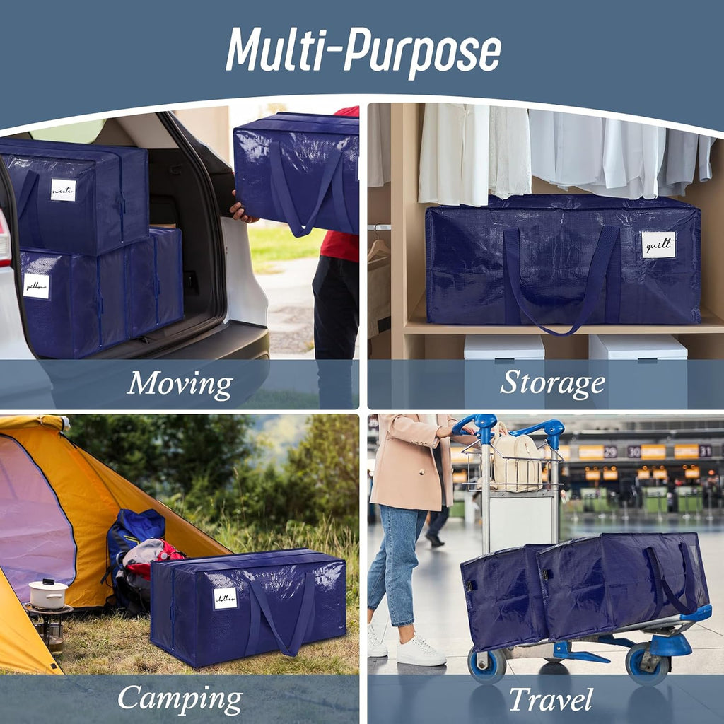 6 Pack Extra Heavy Duty Large Moving Bags With Strong Zipper & Comfortable Handles, Sturdy & Durable Clothes Storage Bags Totes Bins, Blue Packing Moving Boxes For College Supplies, Dark Blue