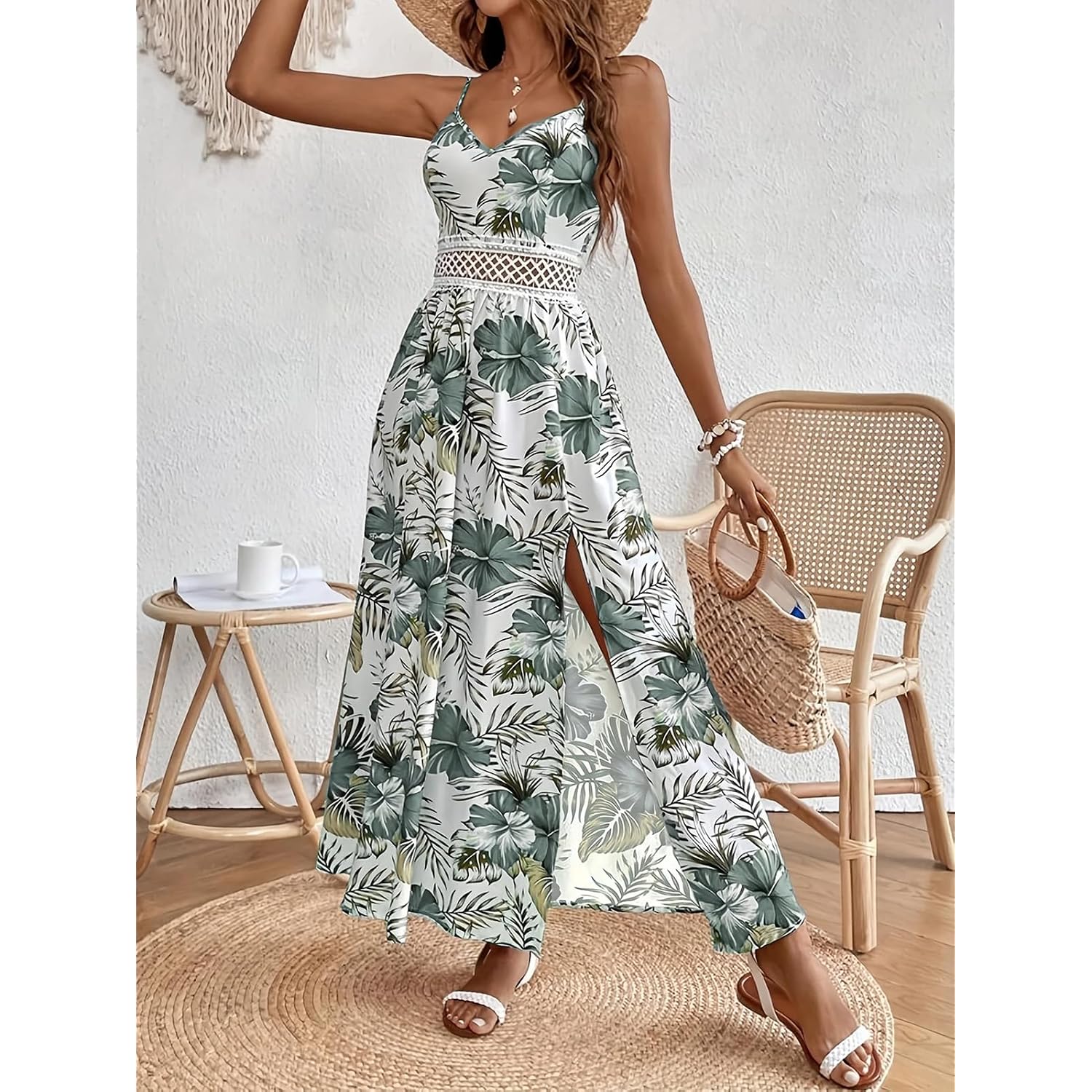 Women'S Hawaiian Maxi Dresses Summer Floral Boho Sleeveless V-Neck Flowy Beach Vacation Dresses Spaghetti Straps