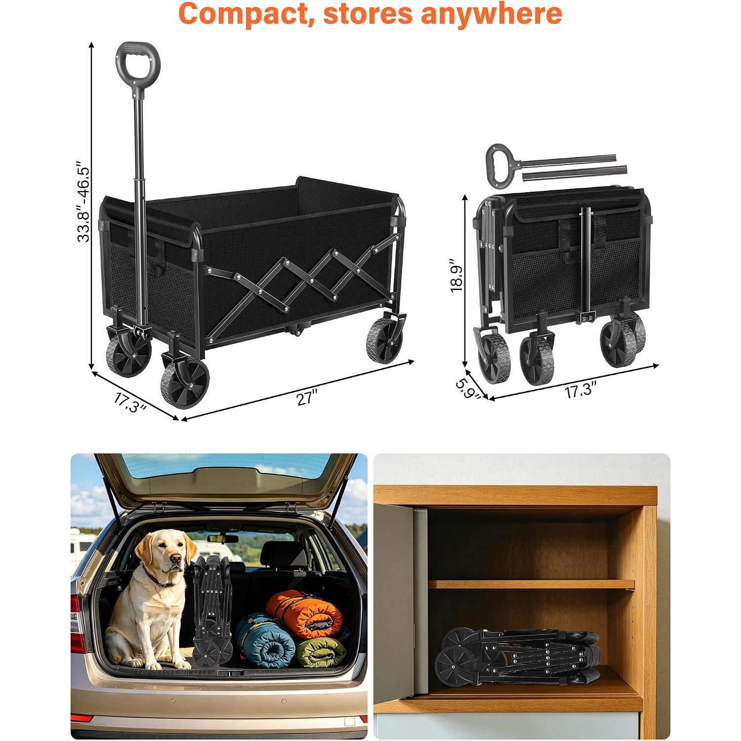 Wagons Carts Foldable, Collapsible Wagon, Foldable Wagon Cart With Wheels, Folding Wagons For Beach Camp Sports Garden, 2 Cup Holders/Lightweight Portable/Black/360 Lbs