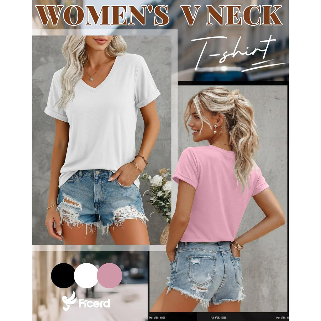 Ficerd 3 Pack Women'S V Neck T Shirts, Summer Casual Short Sleeve Tops Loose Fit Rolled Sleeve Tees Trendy Shirts