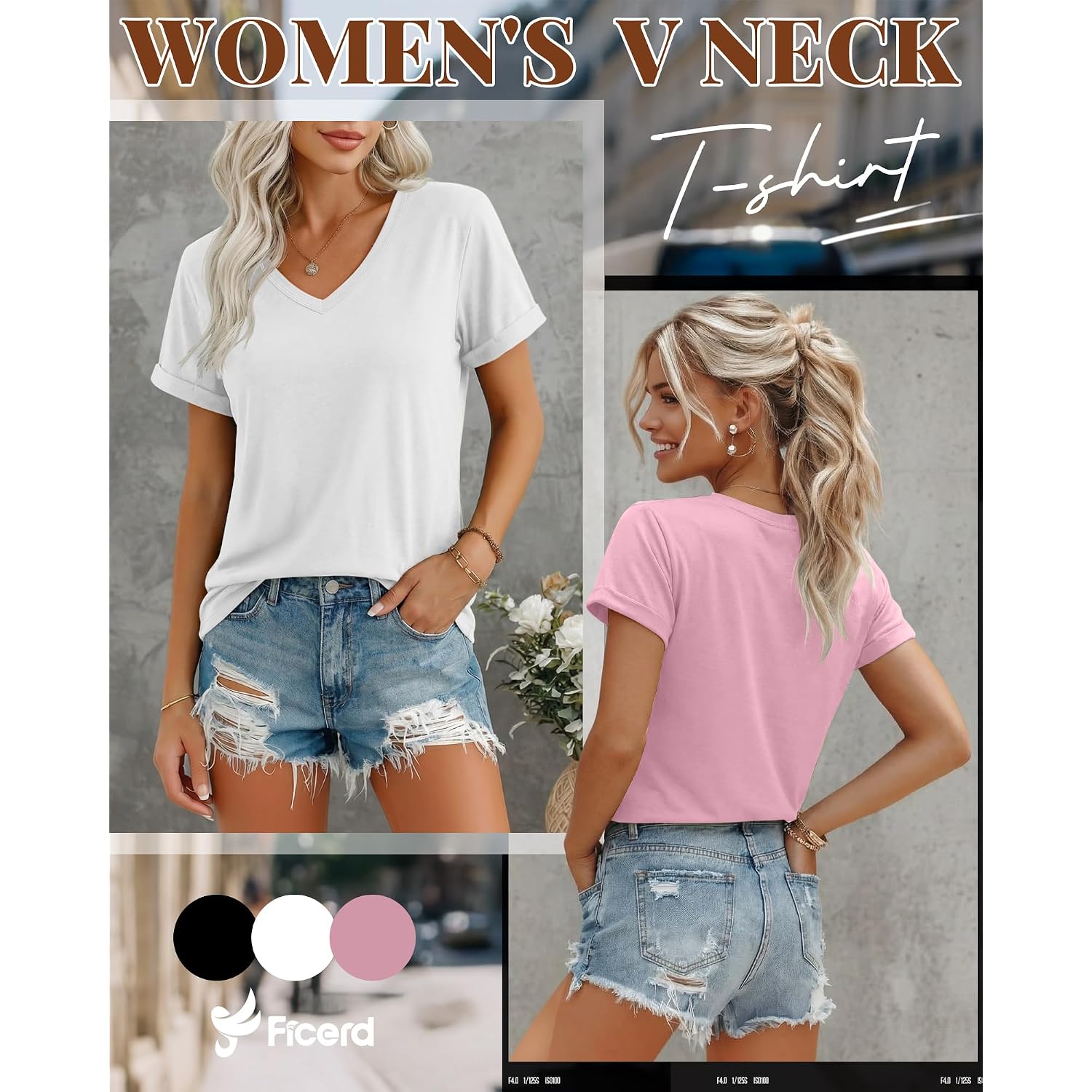 Ficerd 3 Pack Women'S V Neck T Shirts, Summer Casual Short Sleeve Tops Loose Fit Rolled Sleeve Tees Trendy Shirts