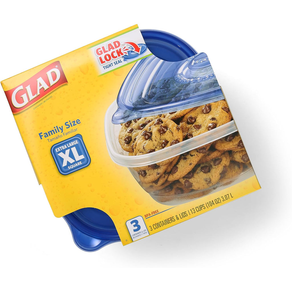 Glad Gladware Xl Square Food Storage Containers With Lock Tight Lids, Bpa-Free Family Size Plastic Containers For Leftovers, Meal Prep, And Freezer Storage, Dishwasher Safe, 104 Oz, 3 Count