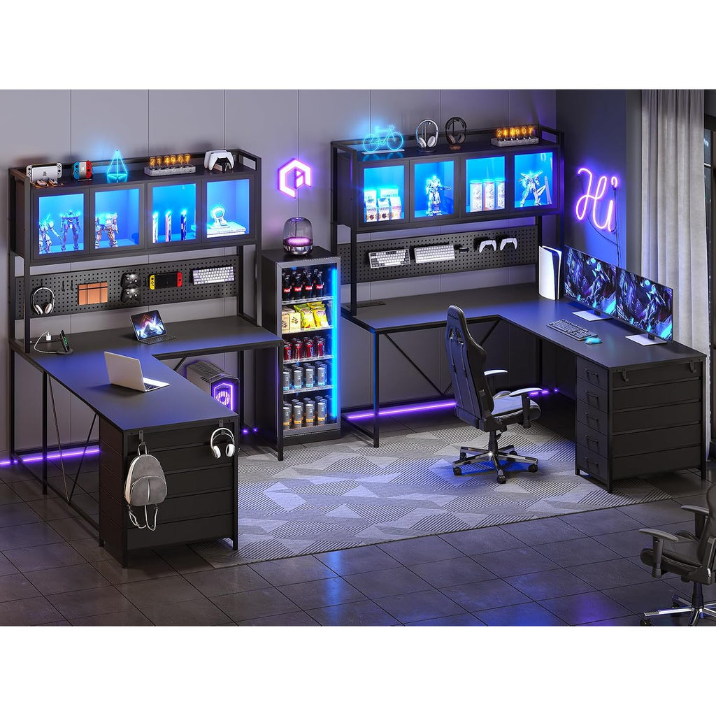 Sedeta L Shaped Gaming Desk With Drawers, L Shaped Computer Desk With Hutch And Storage Shelves, Gaming Desk With Pegboard, Led Lights, And Power Outlet, Home Office Desk, Corner Desk, Black