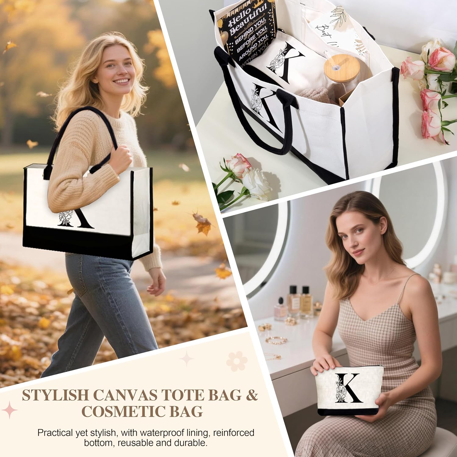 Birthday Gifts for Women, Monogrammed Initial Gift for Teacher Wife Mom, Tote Bag