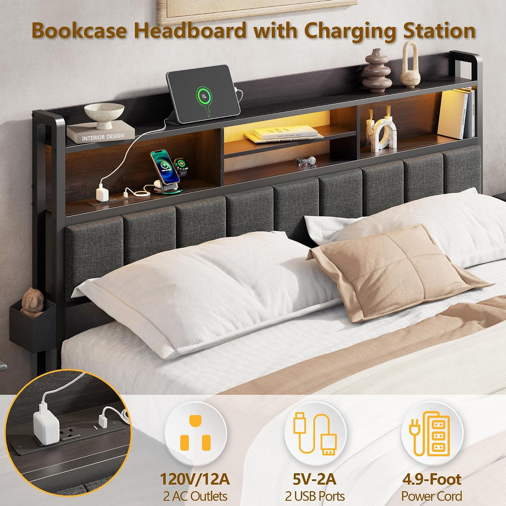 Queen Bed Frame With Storage Drawers, Upholstered Headboard With Led Light & Charging Station, Metal Platform Bed Frame Queen Size, Noise Free, No Box Spring Needed, Black (1200 Lbs Capacity)