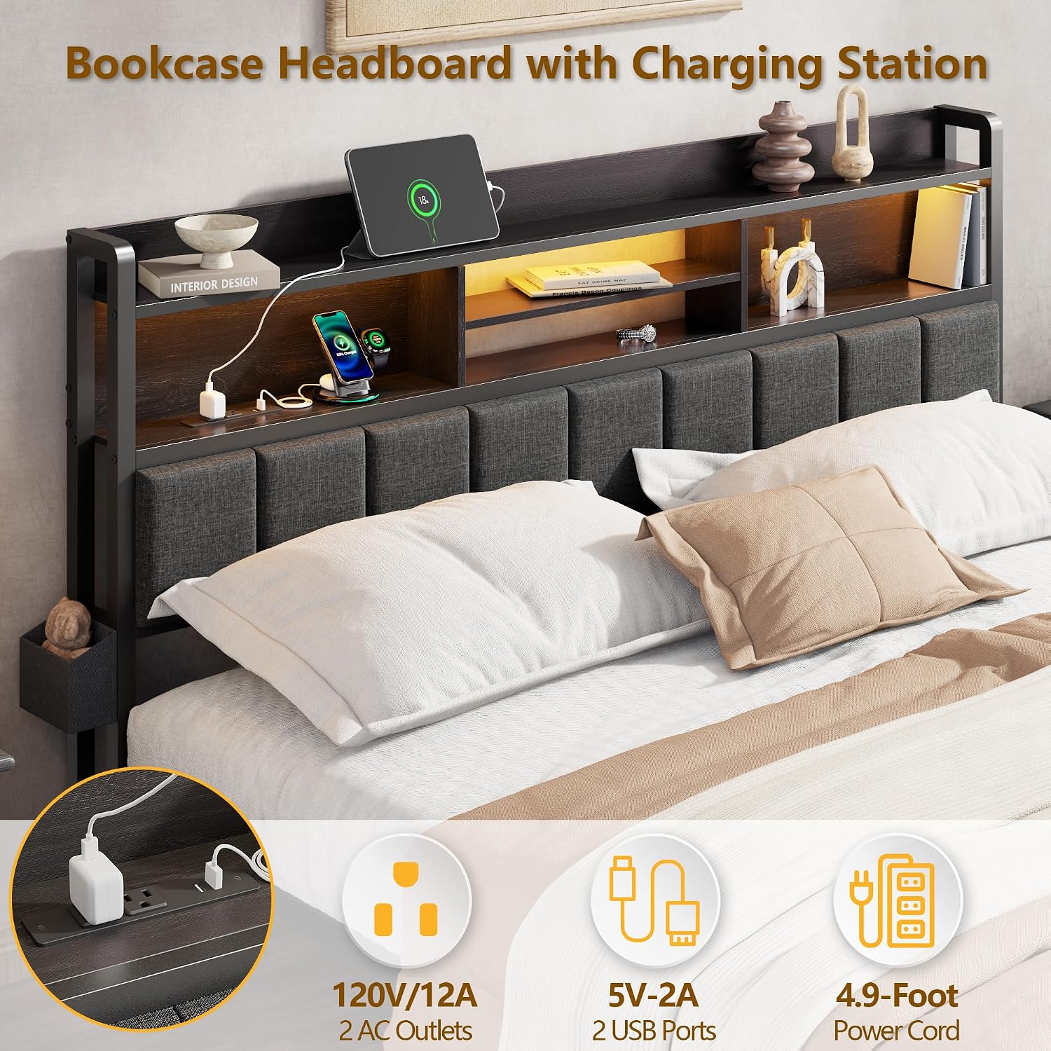 Queen Bed Frame With Storage Drawers, Upholstered Headboard With Led Light & Charging Station, Metal Platform Bed Frame Queen Size, Noise Free, No Box Spring Needed, Black (1200 Lbs Capacity)