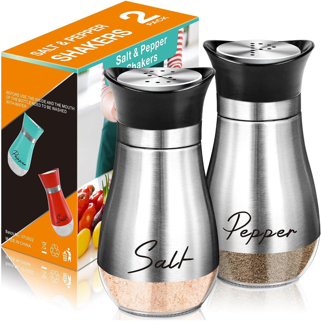 Salt Shakers And Pepper Set,4 Oz Glass Bottom Salt Pepper Shaker With Stainless Steel Lid For Kitchen Gadgets Cooking Table, Rv, Camp,Bbq Refillable Design (Silver)