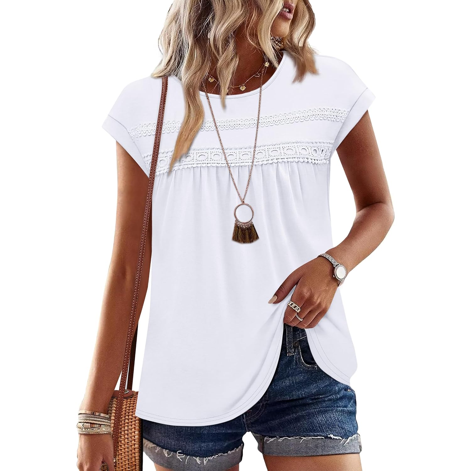 Wiholl Womens Summer Tops Trendy 2026 Lace Crochet Cap Short Sleeve Shirts Crew Neck T Shirts Casual Loose Blouses