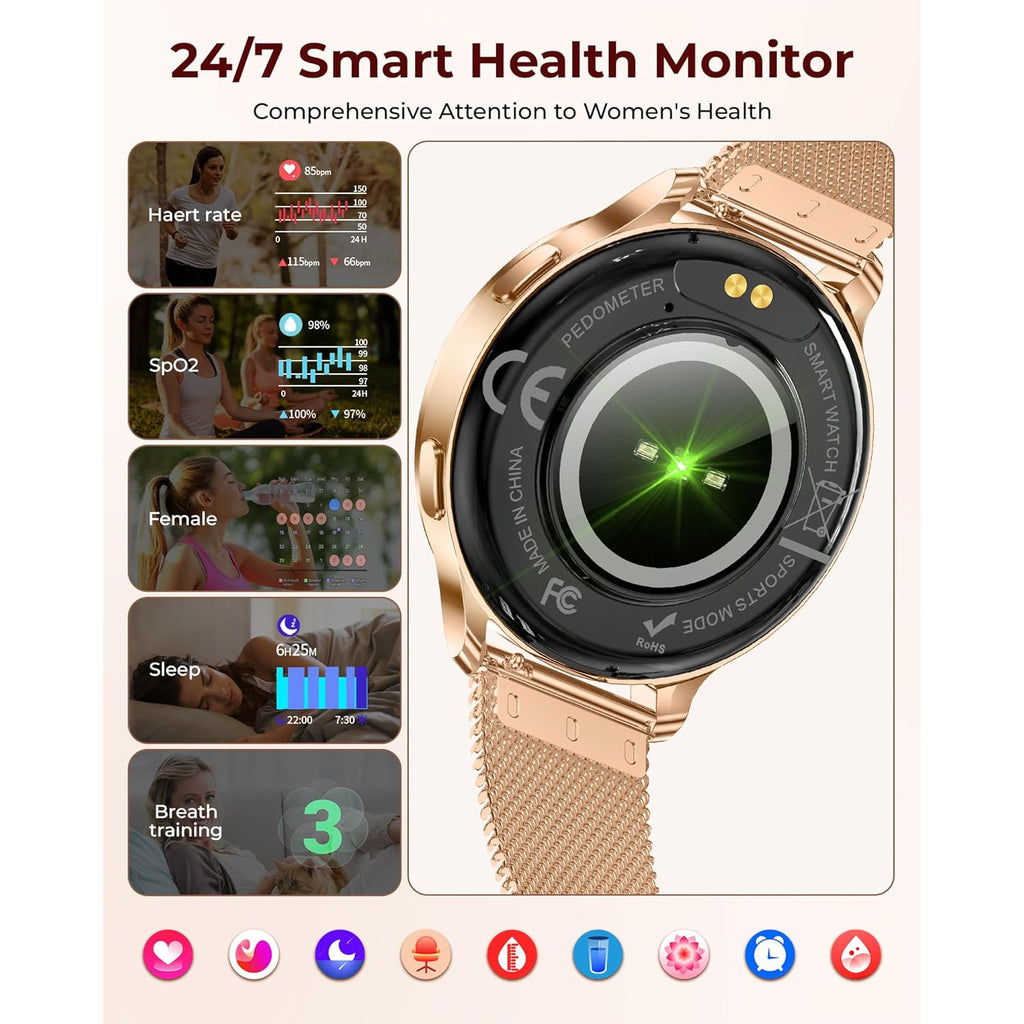 Smart Watches for Women, 1.27″ AMOLED Fitness Tracker with Heart Rate SpO2 Sleep Monitor, 3 Bands, 120+ Sport Modes, Call & Notifications, Smartwatch for Android & iPhone Compatible, 40 mm Rose Gold