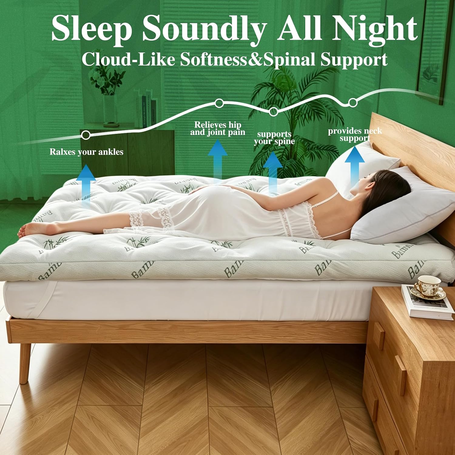 Whatsbedding 4 Inch Memory Foam Mattress Topper Queen For Back Pain Relief, Filled With Breathable Gel Memory Foam, Cooling Bamboo Viscose Air Layer, Supportive Pillow Top Mattress Topper