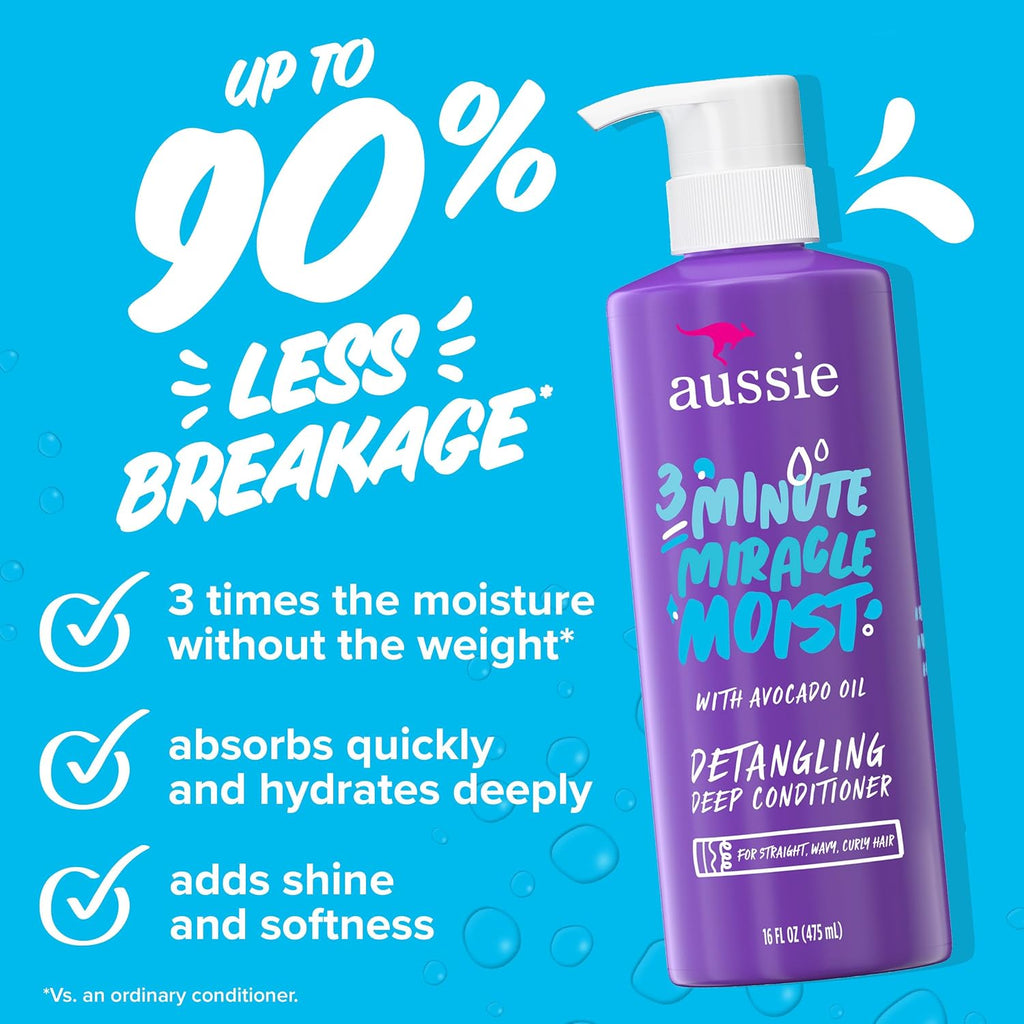 Aussie Miracle Moist Shampoo And Conditioner With 3 Minute Miracle Deep Conditioner, Avocado & Jojoba Oil, Paraben-Free, Moisturizes & Detangles, All Hair Types, Citrus Floral Scent, 3 Pack 68.4 Fl Oz
