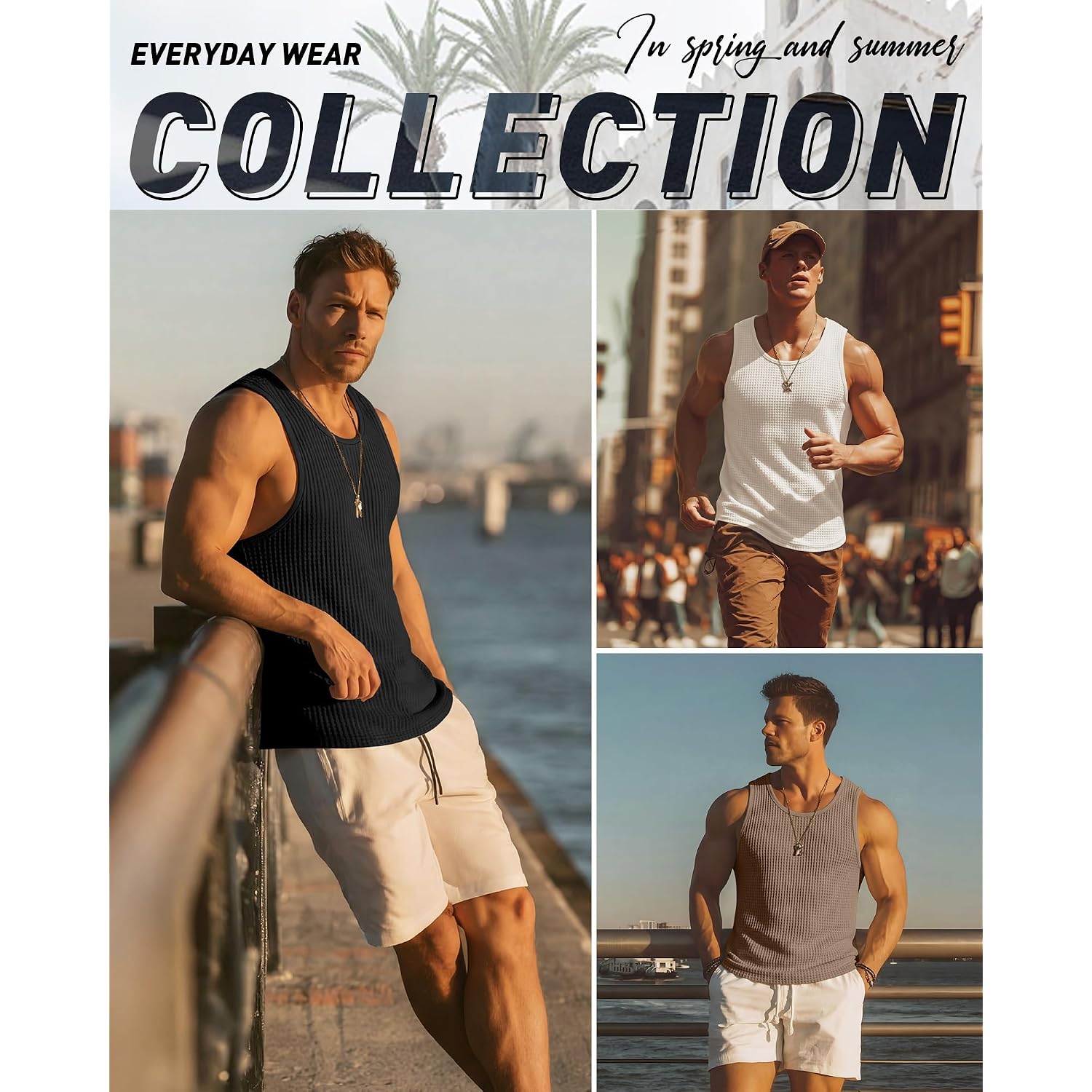 Riyiper 3 Pack Men'S Waffle Knit Tank Tops Casual Sleeveless Shirts Classic Beach Tank T-Shirts Summer Loose Muscle Shirts